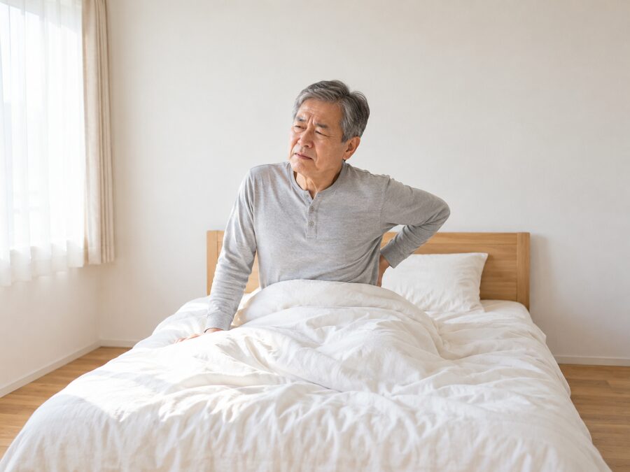 ベッドで上体を起こし、腰に手をあてている男性