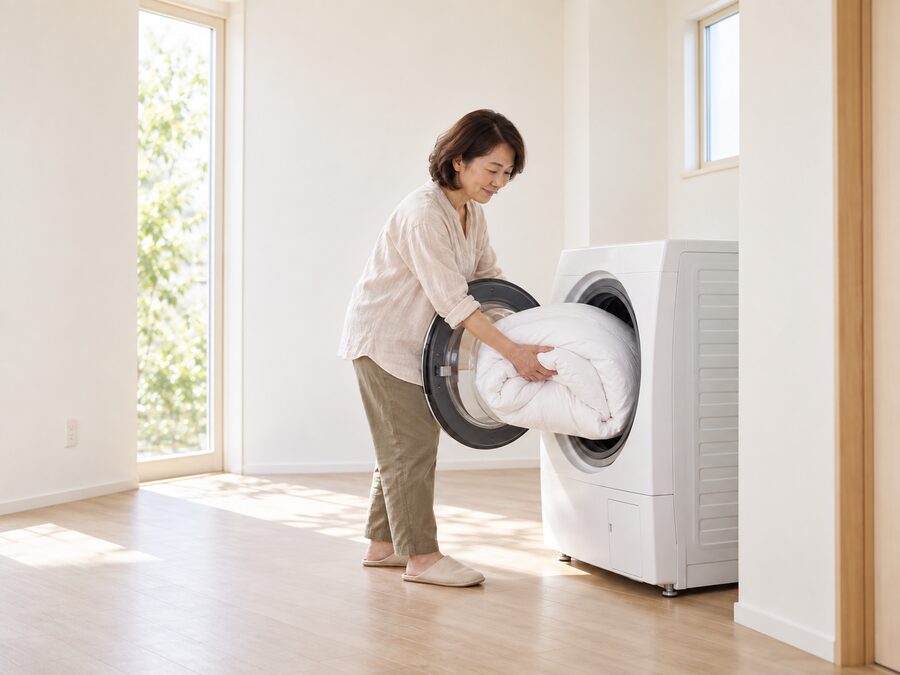 自宅の洗濯機に羽毛ふとんを入れている女性