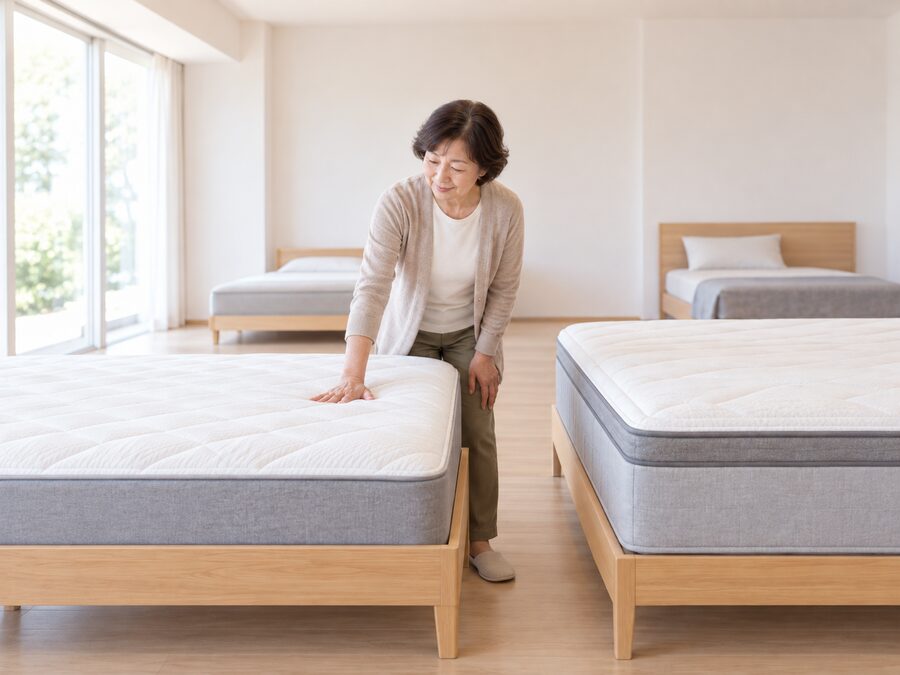 売場でマットレスに手のひらを押しあて、硬さを確かめている女性