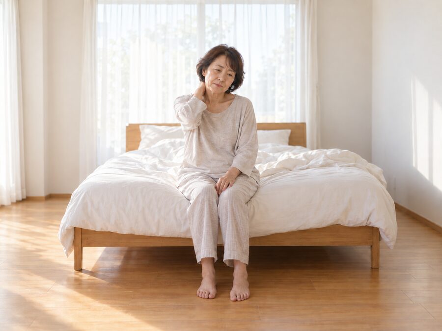 寝起きにベッドの端に腰かけ、首の後ろに手をあてている女性