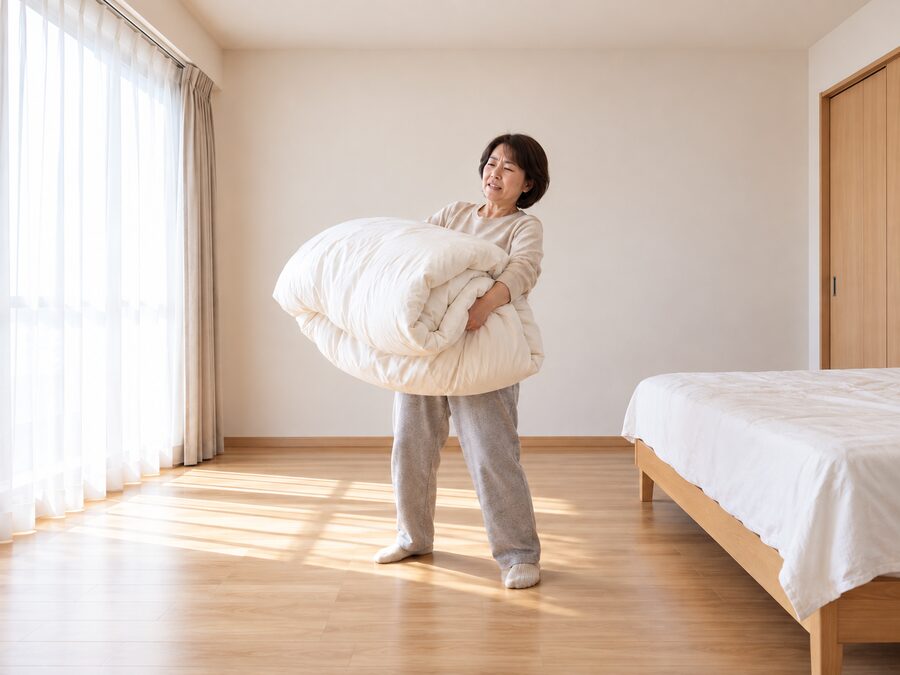 たたんだ掛けふとんを両腕で抱え上げている女性