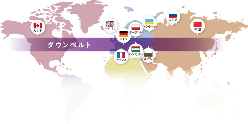 ダウンベルトを示した世界地図。帯の上にカナダ、イギリス、ドイツ、フランス、ポーランド、ハンガリー、ウクライナ、ブルガリア、ロシア、中国が並ぶ。